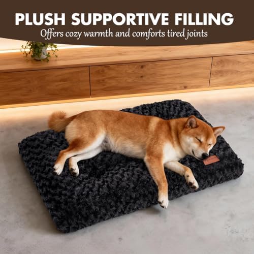 Dog Bed Crate Pad - Rosette Pattern White Velvet Pet Bed Anti-Slip Comfy Kennel Pad for Crates Rosette Black L
