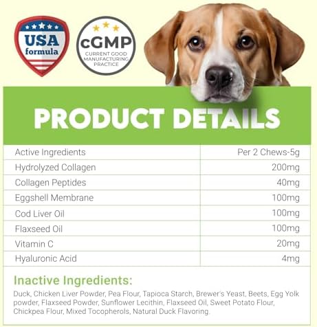 Collagen for Dogs - 150 Chews - Joint, Skin & Coat Supplement with Hyaluronic Acid, Eggshell Membrane & Vitamin C - Daily Hip & Joint Support for Senior Dogs & Puppies - Duck