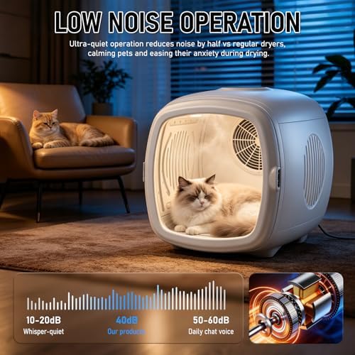 1200W High Velocity Pet Dryer Box for Cats & Small Dogs, Automatic Lonic Full-Body Fast Drying Box with 5 Temp Modes & Adjustable Wind,Low Noise Smart Soft Hair Grooming Dryer with 3 Towels(60L,White)