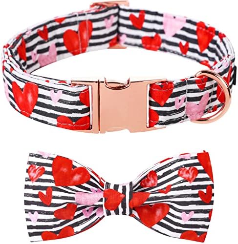 Lionet Paws Valentines Dog Collar with Bowtie, Dog Bowtie Collar with Metal Buckle for Dogs, Adjustable Comfortable Dogs Collars Girl Boy Hearts, XL, Neck 16-26 in