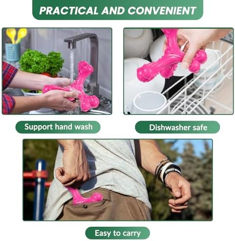 Dog Chew Toys for Aggressive Chewers Large Breed,Indestructible Bones Toy，Durable Cleaning Toothbrush Natural Rubber Dog Toys… (Pink)