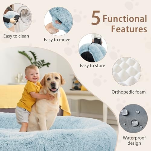 ROOMTEC Human Dog Bed, 71''x45''x12'' Size Fits Adult and Pet Washable Giant People Bed 10 CM Thick Memory Foam Large Oversize Pet Bed with Plump Pillow, Blanket, Strap - Blue