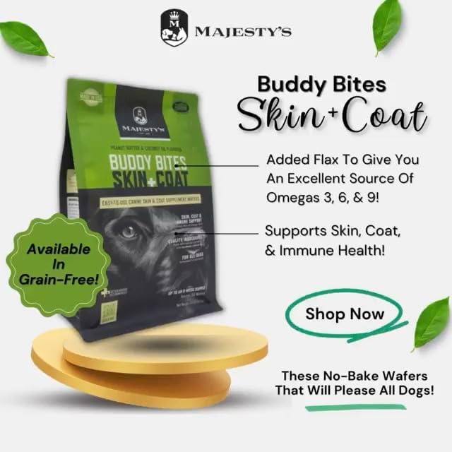 Majesty's Buddy Bites Skin and Coat Wafers for All Dogs - Superior Skin, Coat, and Immune Support Supplement - Peanut Butter and Coconut Oil Flavored - 2 Pack (112 Count Total)