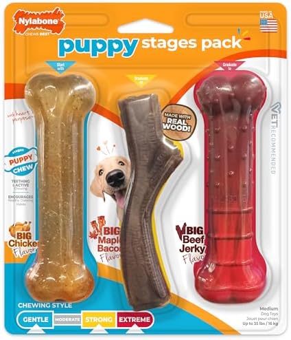 Nylabone Puppy Stages Pack Dog Chew Toys, 3 Count | Medium, chicken, bacon, & beef jerky flavor, variety of engaging shapes, teething toys for puppy enrichment, up to 35 lbs