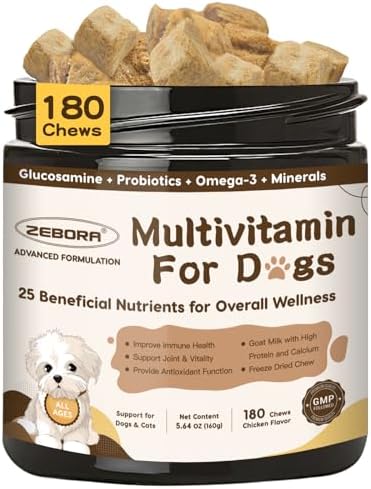 ZEBORA Dog Multivitamin with Glucosamine & Probiotics, 180 Count | With Omega 3 and Probiotics, Supports Dog Digestion, Immunity, Joint, Skin, and Coat Health, Daily Chewable