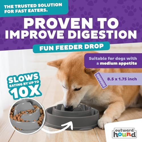 Outward Hound Fun Feeder Slo Bowl – Medium 2‑Cup Capacity,Slow Feeding,Small to Medium Dogs & Cats,Non-Slip,Gray,Drop Pattern,(Pack of 12)