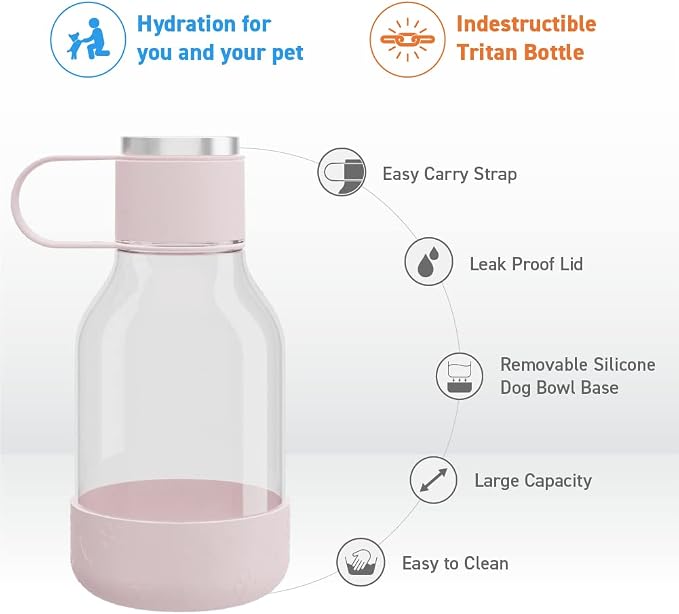 Asobu Buddy Bottle a Stainless Steel Insulated Water Bottle for with Removable Dog Water Bowl and Dog Food and Treat Storage Bowl (Pink, Tritan 50 oz Water Bottle with Bowl)