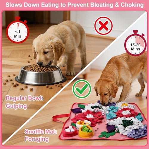 Vextronic Snuffle Mat for Dogs, Large Breed Slow Feeder Interactive Toy | 25x25-inch washable mat. Sparks natural foraging. Eases anxiety. Slows gulping at meals. Fits small to large pets. Pink.