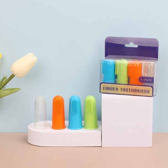 4PCS/Set Dog Finger Toothbrush for Pet Tooth Cleaning Tool - Soft, Flexible, Manual Pet Toothbrush - Green, Orange, Blue - 4 Pack