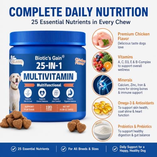 Biotic’s Gain 25-in-1 Multivitamin for Dogs | Chicken Flavour Soft Chews | Supports Skin, Heart, Hip & Joint and Gut Health | Daily Nutrient Boost for All Breeds (25 in 1 Multivitamins)
