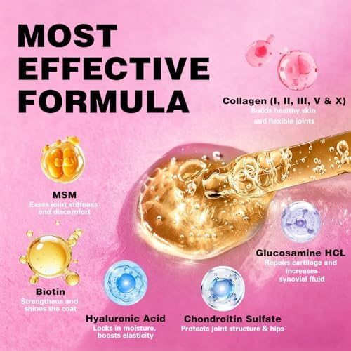 Premium Liquid Collagen for Dogs & Cats - 5 Types of Grass-Fed Collagen (I, II, III, V & X) - Supports Skin, Coat, Hips & Joints | Allergy and Itch Relief | Biotin, Vitamin C and Hyaluronic Acid
