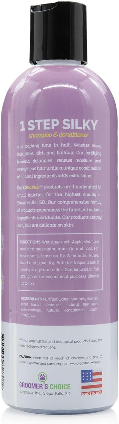 Bark2Basics One Step Silky Dog Shampoo & Conditioner, 16 oz - Natural Ingredients, 2 in 1 Formula, 16 to 1 Concentration, Detangles and Strengthens | 16:1 Concentrate, Detangles, Strengthens and Adds Shine, Silky Soft Coats, Natural Pet Grooming Wash, ...