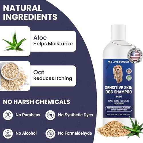 Dog Shampoo for Sensitive Skin with Oatmeal & Aloe, Hypoallegenic Tearless | Soothes Itching, Scratching & Allergies, Natural Sensitive Skin Dog Shampoo, Tear Free For Cats & Pets, 16OZ, Made in USA