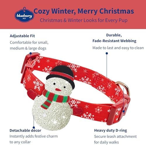 Blueberry Pet Festive Christmas Snowflake Dog Collar, Large Adjustable 18"-26", Holiday Glitter Fabric Collar with Detachable Snowman Décor for Big Dogs