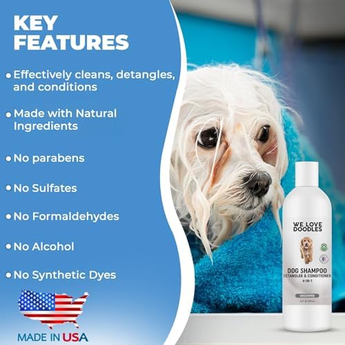 Dog Shampoo Conditioner & Detangler, Hypoallergenic Tearless Unscented 16OZ | For Sensitive Itchy Skin, Hypoallergenic, Tearless, Best Shampoo For Smelly Dogs, Goldendoodle, Poodle & Doodle, Made in USA
