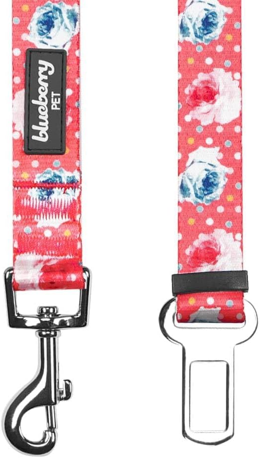 Blueberry Pet 8 Patterns Spring Scent Inspired Rose and Polka Dot Print Brink Pink Adjustable Dog Seat Belt Tether for Dogs Cats, Durable Safety Car Vehicle Seatbelts Leads Use with Harness
