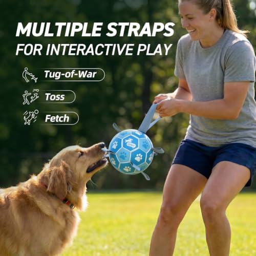 QDAN Dog Balls, 6 Inch Soccer Ball with Straps for Dogs, Outdoor Dog Toys | Dog Toy Balls for 20-40 Lbs Dogs, World Cup Balls for Dogs, Puppy Birthday Gifs