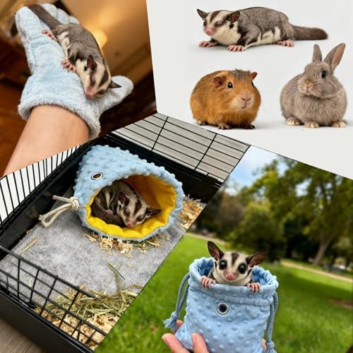 3 Pack Sugar Glider Tote Plush Sleeping Pouches & Anti Bite Mitten (Blue)