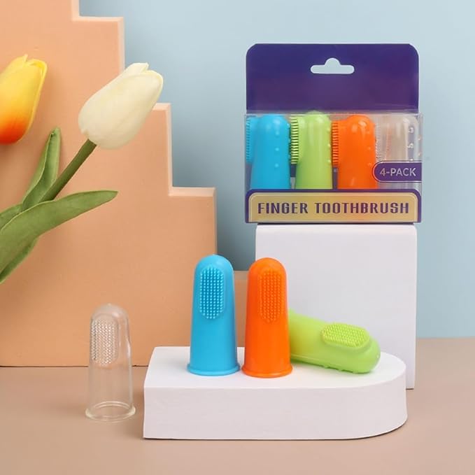 4PCS/Set Dog Finger Toothbrush for Pet Tooth Cleaning Tool - Soft, Flexible, Manual Pet Toothbrush - Green, Orange, Blue - 4 Pack