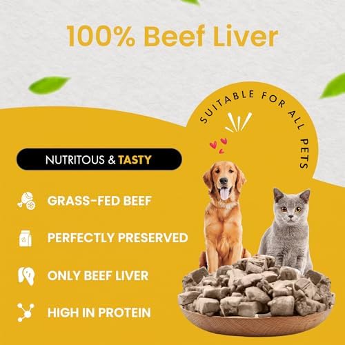 Freeze Dried Beef Liver Dog Treats | Healthy Kitten Treats, Single Ingredient, Raw | High Protein Cat & Dog Food Toppers, Grain-Free | Inspected & Tested in USA | 9.5 oz