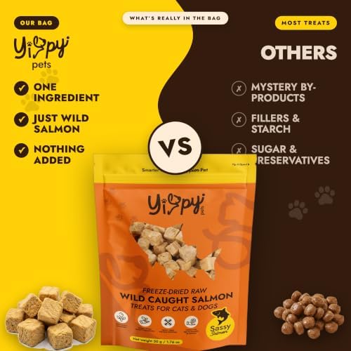 Freeze-Dried Wild Caught Salmon Treats for Cats & Dogs — Single Ingredient, 100% Salmon, Grain-Free Omega-Rich Treat & Food Topper, 1.76 oz (50g)