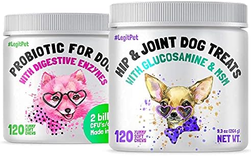 LEGITPET Hemp Hip & Joint Supplement for Dogs and Probiotics for Dogs with Natural Digestive Enzymes 120 + 120 Soft Chews Bundle - Natural Pain Relief and Mobility - Anti Diarrhea - Made in USA