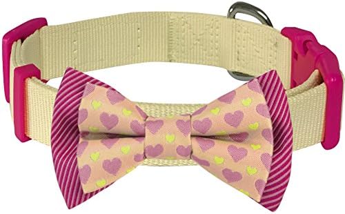 Blueberry Pet 4 Patterns Heart and Stripe Handmade Detachable Bow Tie Adjustable Dog Collar in Fresh Cream, Medium, Neck 14.5"-20"