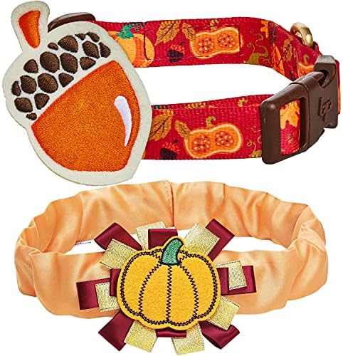 Blueberry Pet Thanksgiving Collar Bundle Set - Small Pumpkin and Acorn Collar + Pumpkin Collar Cover