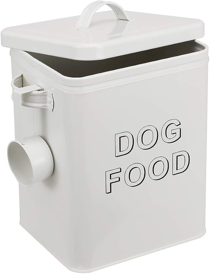 Pethiy airtight Dog Treat container bin and DOG Food Storage Tin with Lid With, 5 lbs, Carbon Steel, White