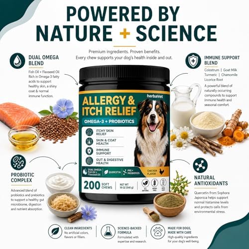 Dog Allergy Chews, Dog Allergy & Itching Skin Relief, with Omega-3 & Multivitamins, Probiotics, Seasonal Allergy Support, Immune, Gut & Skin Health Support, Skin Redness Relief, Chicken Flavor, 200 Ct