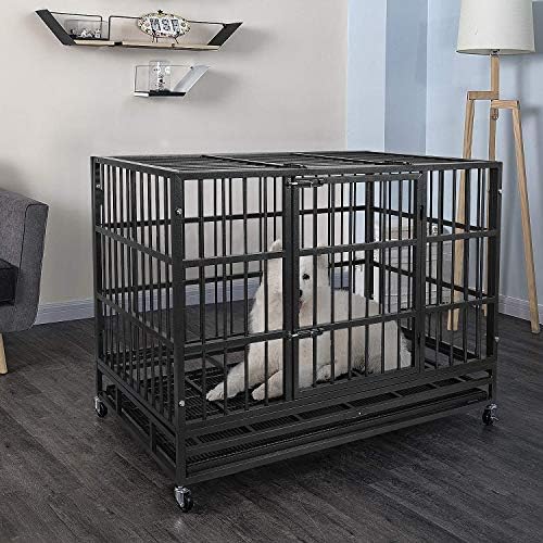 Otaid Heavy Duty Dog Crate with 4 Wheels, Dog Crates for Large Dogs, Double Door Strong Metal Dog Kennel with Removable Tray. Easily Removable Dog Cage for Travel, Indoor&Outdoor (Black, 48 Inch)