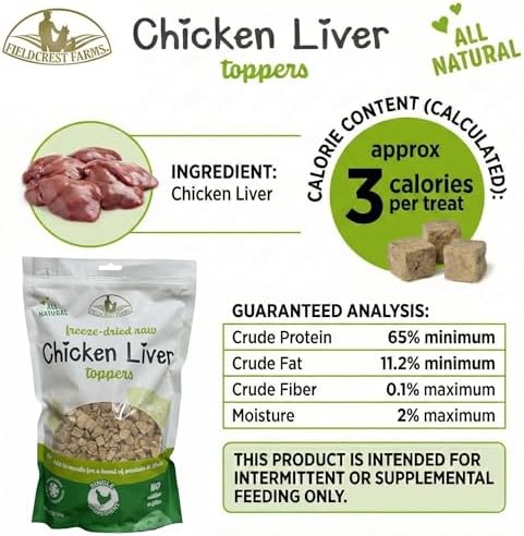 Fieldcrest Farms Freeze-Dried Chicken Liver Dog Food Topper or Treat, 100% Single Ingredient Chicken Liver, High-Protein, Raw & Grain-Free, 12 oz