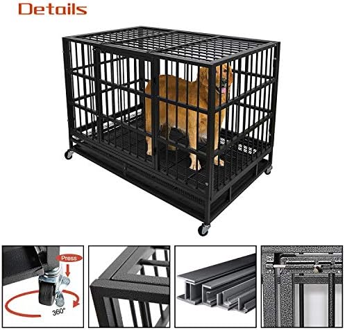 Otaid Heavy Duty Dog Crate with 4 Wheels, Dog Crates for Large Dogs, Double Door Strong Metal Dog Kennel with Removable Tray. Easily Removable Dog Cage for Travel, Indoor&Outdoor (Black, 48 Inch)