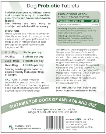 Probiotics for Dogs – 5-Strain 2 Billion CFU + Digestive Enzymes & Prebiotics | Gut Health, Firm Stools, Less Gas & Bloating | Full B-Complex Vitamins in One Tablet | Chicken Flavor | UK GMP | 120 Ct