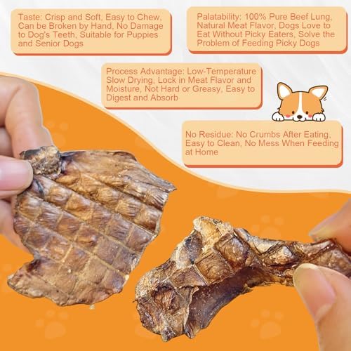 Beef Lung Dog Treats, All-Natural Single Ingredient, Dehydrated & Crispy, High Protein Low Fat Snacks for All Dogs