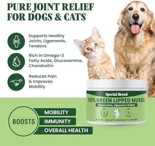 Green Lipped Mussel Powder for Dogs & Cats - 100% New Zealand Green Lipped Mussels - Natural Hip & Joint Supplement for Joints, Tendons, Ligaments, Muscles - 50 Grams - Up to 166 Servings