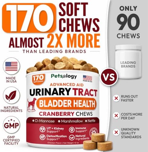 Dog UTI Treatment - 170 Cranberry Chews for Dogs - Urinary Tract Infection | Bladder & Kidney Health Multivitamin, Cranberry Supplement for Dogs with D-Mannose, Dog Vitamins and Supplements, Made in USA