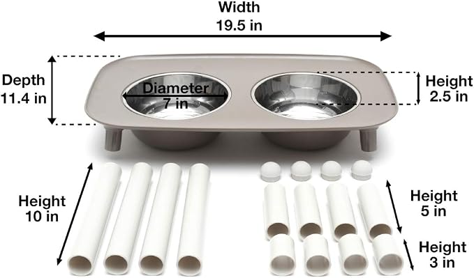 Messy Mutts Elevated Double Dog Feeder, Adjustable Height, Dark Grey | Adjustable-Height Elevated Double Dog Feeder With Two 5 Cup Stainless Bowls, Legs Set To 3, 5, Or 10 Inches
