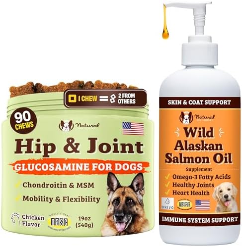 Natural Dog Company Healthy Joints Bundle, Includes (1) Wild Alaskan Salmon Oil - 16 oz., (1) Hip and Joint Chews Supplement - 90 pcs, Vitamins for Dogs, Fish Oil for Dogs
