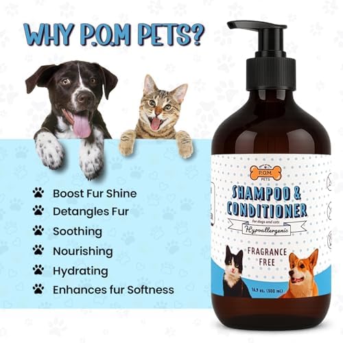 POM Pets 2-in-1 Organic Dog Shampoo & Conditioner – Itchy Skin Relief, Dog Deshedding, Detangles Fur, Cat Shampoo, Paw Cleaner for Dogs, Natural Coat Defense Formula