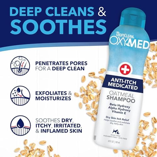 TropiClean OxyMed Medicated Dog Shampoo, Soothing Oatmeal Formula, 20oz | For Allergies & Itching | Dry Itchy Skin, Seborrhea & Hot Spots | Medicated Oatmeal | Cat Safe