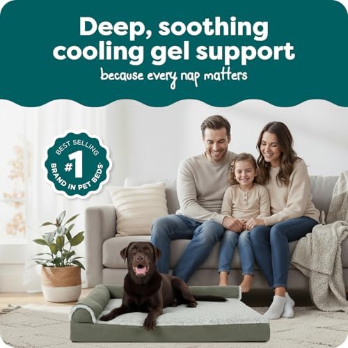 FurHaven Cooling Gel Dog Bed for Large Dogs, L-Shaped Chaise with Cool Gel-Top Foam with a Solid Orthopedic Foam Base for Joint Support, Washable Cover, Jumbo XL, Plush Faux Fur & Suede, Dark Sage