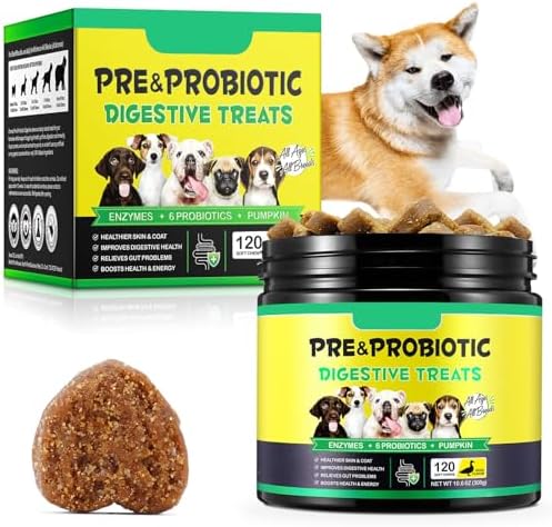 Probiotics for Dogs, 120 Chews Dog Probiotics Treats, Digestive Treats Dogs and Digestive Enzymes, Dog Digestive Health Gut, Immune Bowel Support, Reduce Diarrhea, Gas, Itchy Relief