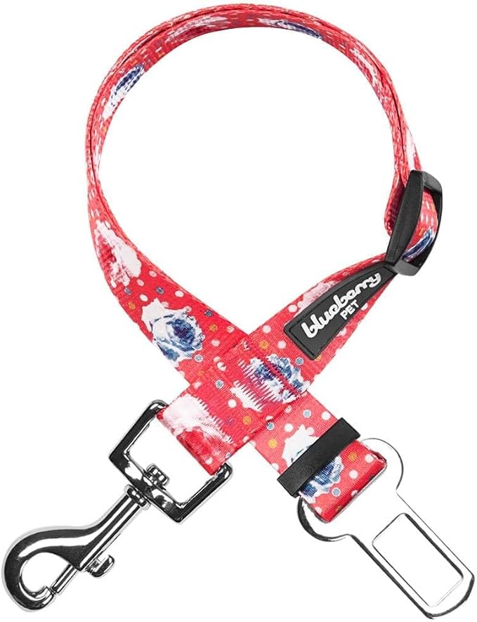 Blueberry Pet 8 Patterns Spring Scent Inspired Rose and Polka Dot Print Brink Pink Adjustable Dog Seat Belt Tether for Dogs Cats, Durable Safety Car Vehicle Seatbelts Leads Use with Harness