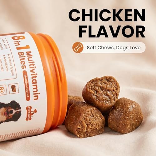 8-in-1 Multivitamin Bites for Dogs - Glucosamine, Chondroitin, Omega-3, Probiotics for Joint, Skin, Gut & Immune Support, Chicken Flavor, 120 Soft Chews