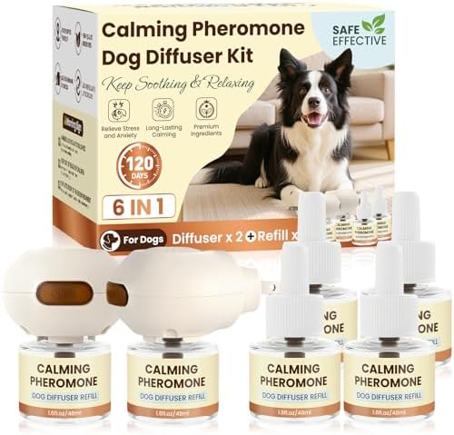 Dog Pheromones Calming Diffuser to Calm Dogs 6 IN 1 Kit (2 Diffusers+4 Refills), 6 IN