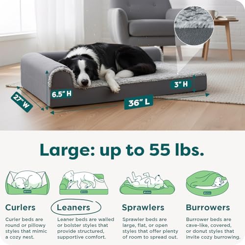 FurHaven Cooling Gel Dog Bed for Medium & Large Dogs, L-Shaped Chaise with Cool Gel-Top Foam with a Solid Orthopedic Foam Base for Joint Support, Washable Cover, Large, Plush & Suede, Stone Gray