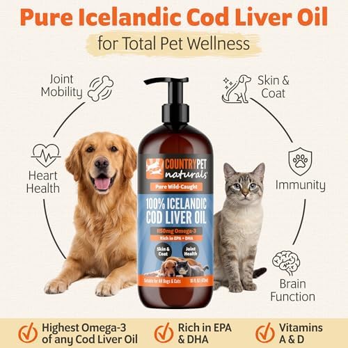 Wild-Caught Pure Icelandic Cod Liver Oil for Dogs & Cats,1150 mg Omega-3 per TSP, High EPA & DHA, Natural Vitamins A & D, Supports Healthy Skin & Coat & Mobility, Single-Ingredient, 100% Pure