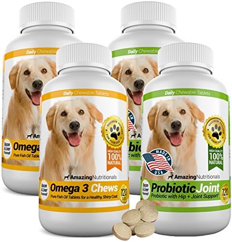 Amazing Combo Omega-3 Fish Oil and Probiotics for Dogs - Pure All-Natural Pet Antioxidant - Promotes Shiny Coat, Brain Health, Eliminates Diarrhea Gas and Joint Pain, 120 Tasty Chews x 4