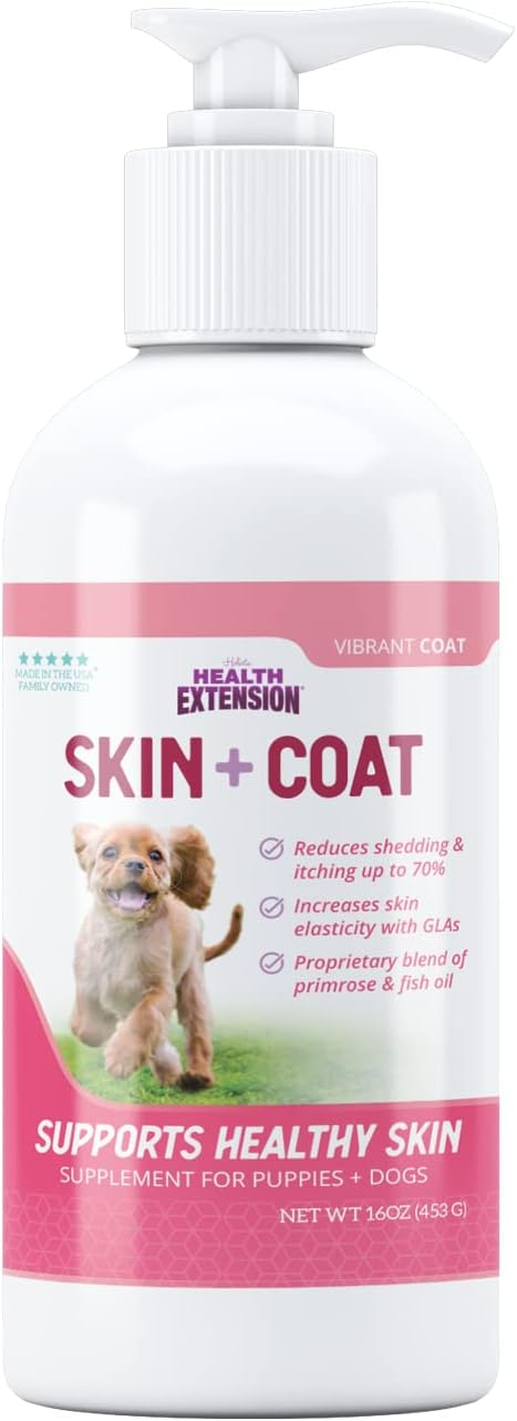 Health Extension Skin & Coat Supplement for Dogs & Puppies, 16oz - Omega 3 & 6 Rich Formula for Healthy Skin & Shiny Coat, Reduces Shedding & Itching